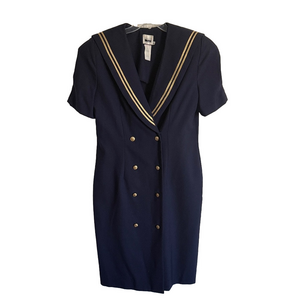Vintage Leslie Fay Navy and Gold Double Breasted Sailor Dress Women's Size 16
